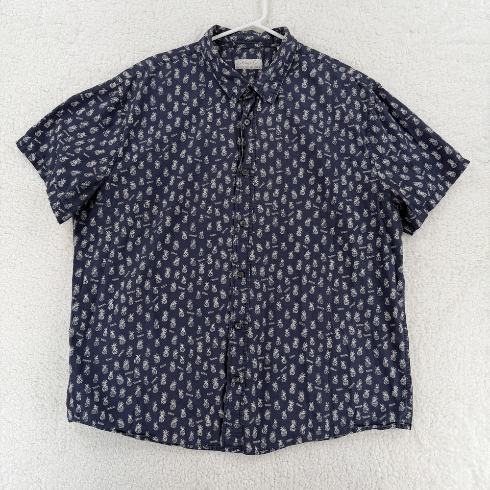 Cotton & Co Shirt Mens 2XL Navy Blue Pineapple Print Short Sleeve Hawaiian Aloha